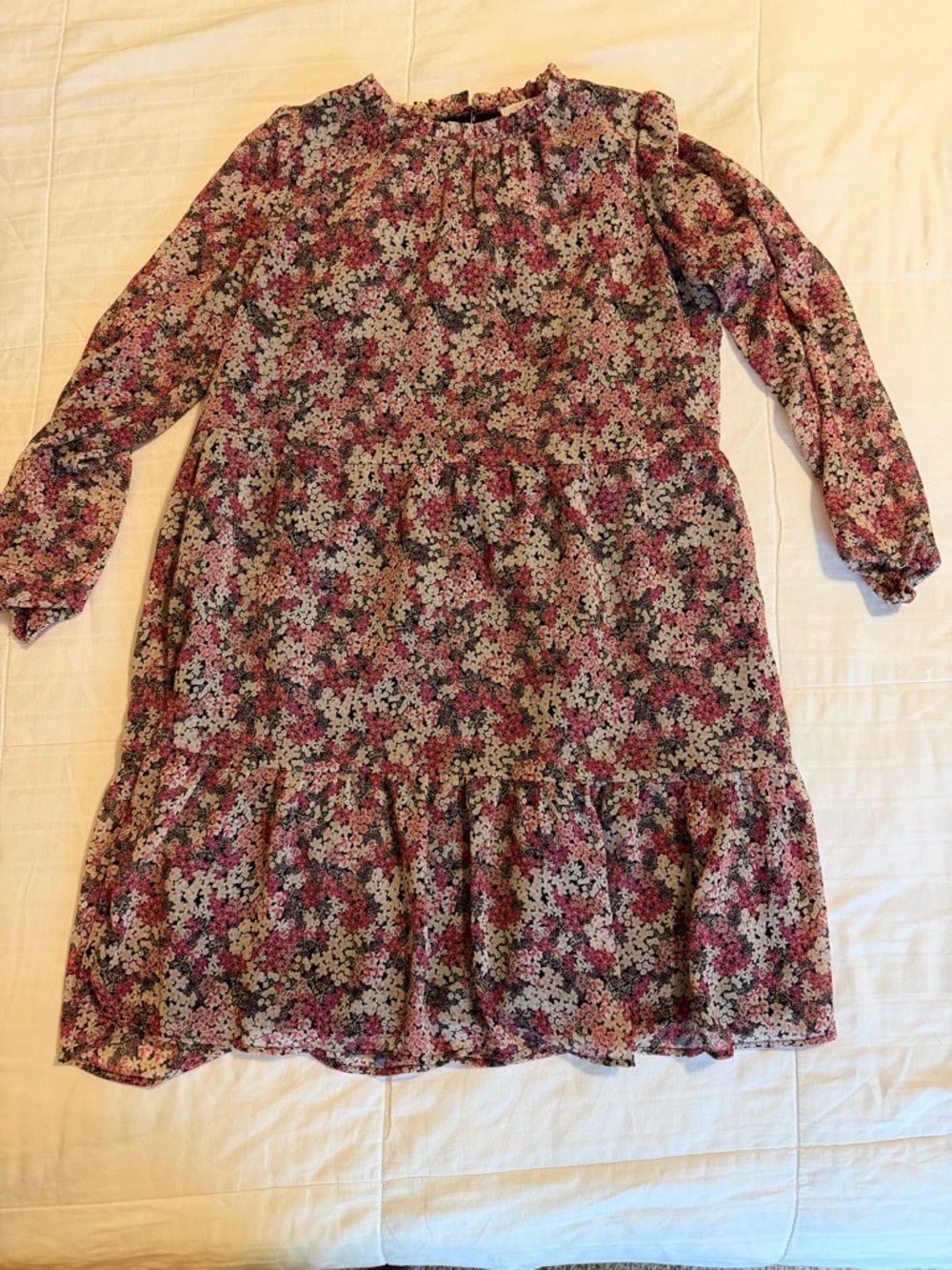 LOFT Pink and Black Floral Ruffle Neck dress